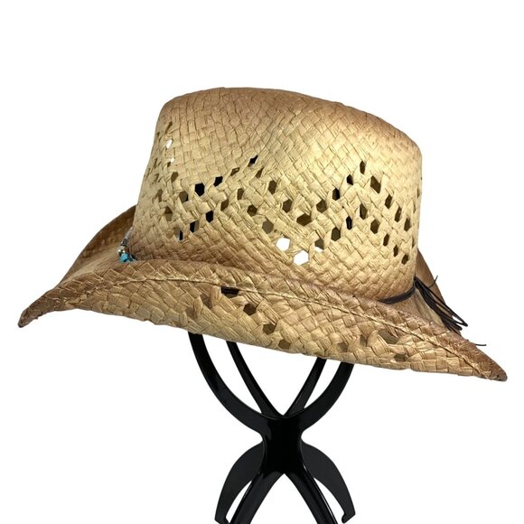 Western Woven Straw Cowboy Hat Turquoise Beaded Band Cutout Design Unisex OS - Picture 3 of 7